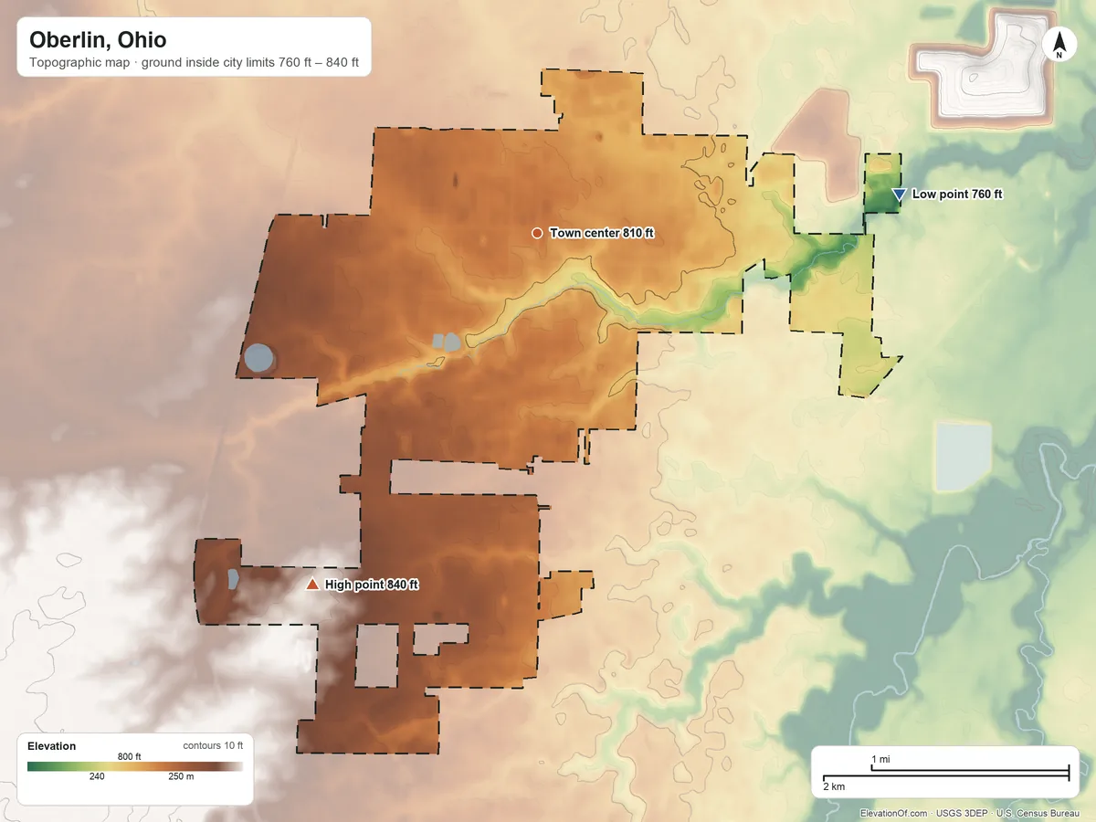 Topographic elevation map of Oberlin, Ohio, shaded from 760 ft on the east side to 840 ft on the southwest side