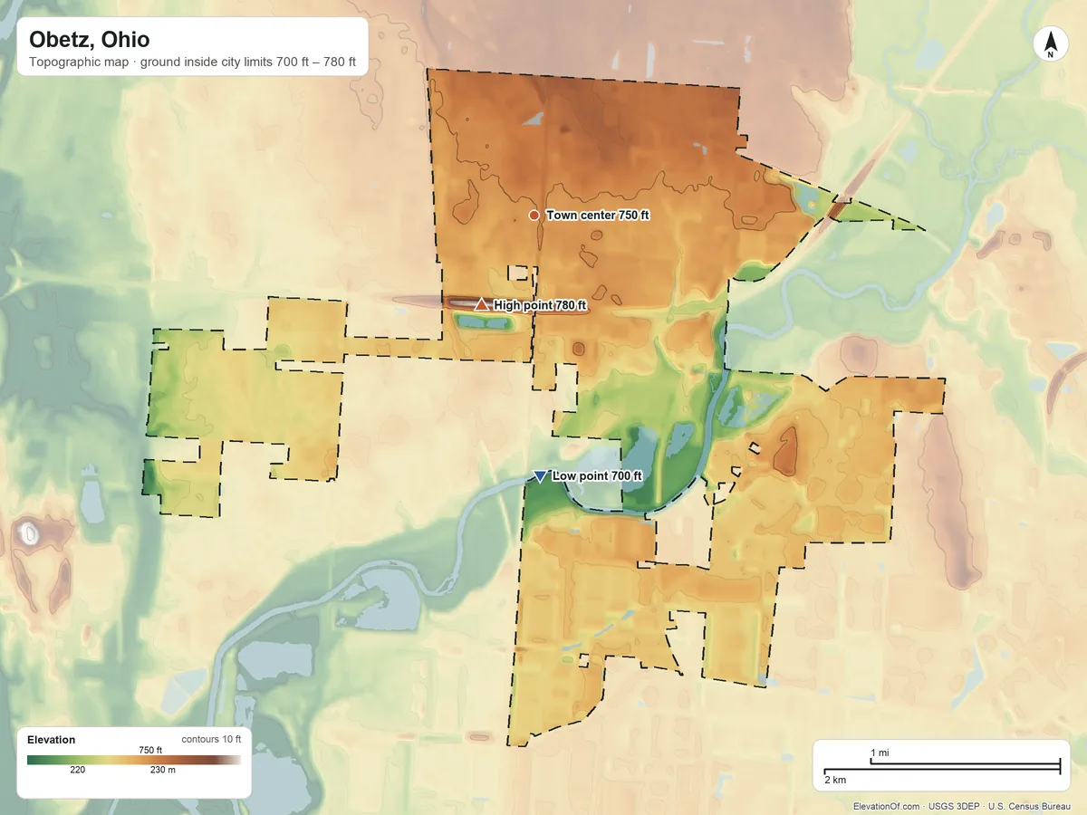 Topographic elevation map of Obetz, Ohio, shaded from 700 ft on the south side to 780 ft near the middle