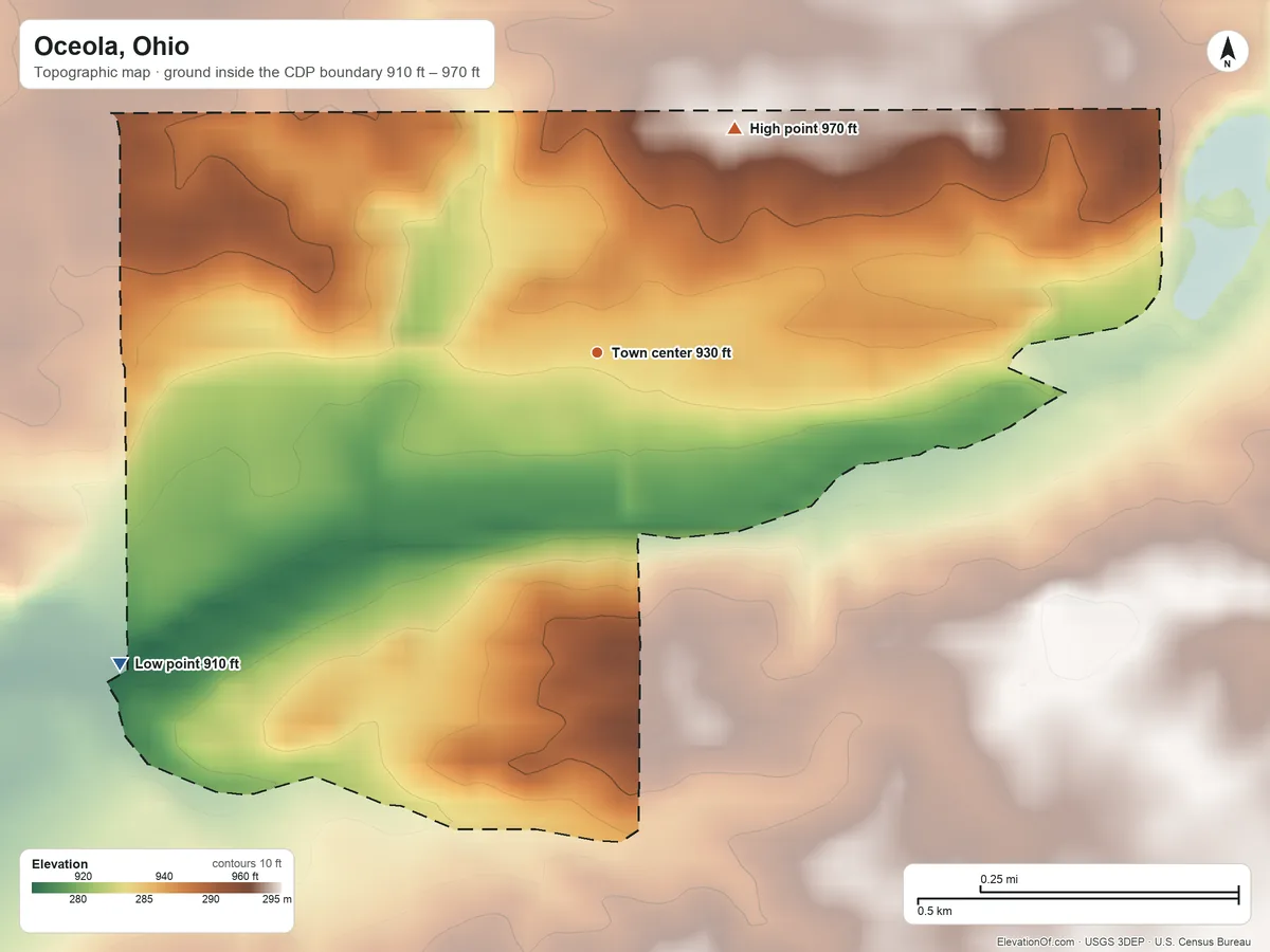 Topographic elevation map of Oceola, Ohio, shaded from 910 ft on the southwest side to 970 ft on the northeast side