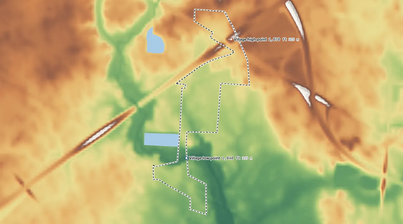 Topographic elevation map of Octa, Ohio, shaded from 1,040 ft near the middle to 1,070 ft on the north side