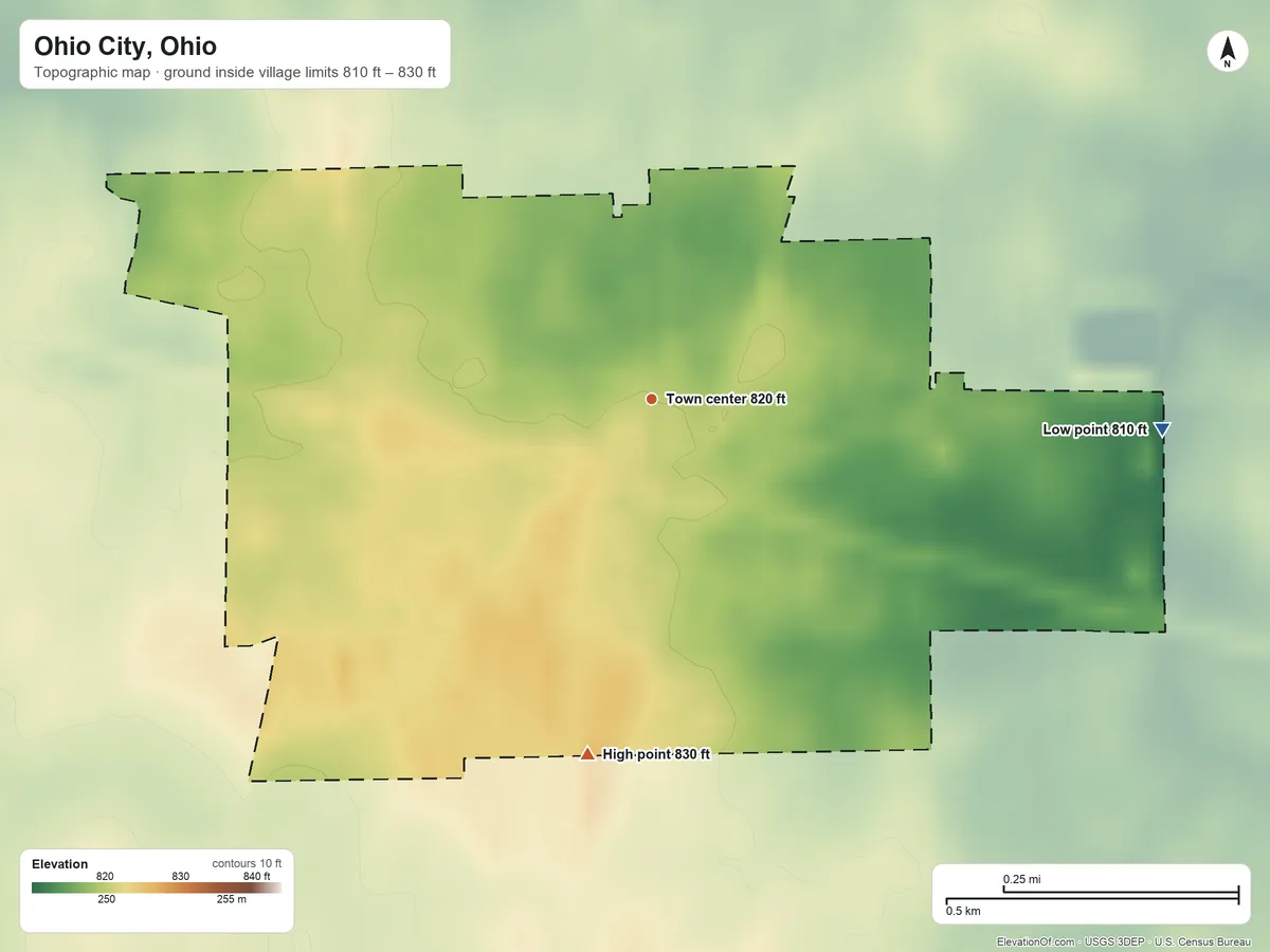 Topographic elevation map of Ohio City, Ohio, shaded from 810 ft on the east side to 830 ft on the south side