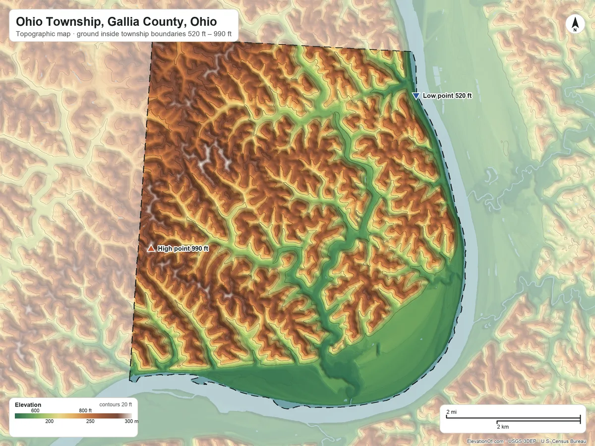 Topographic elevation map of Ohio Township, Gallia County, Ohio, shaded from 520 ft on the northeast side to 990 ft on the west side