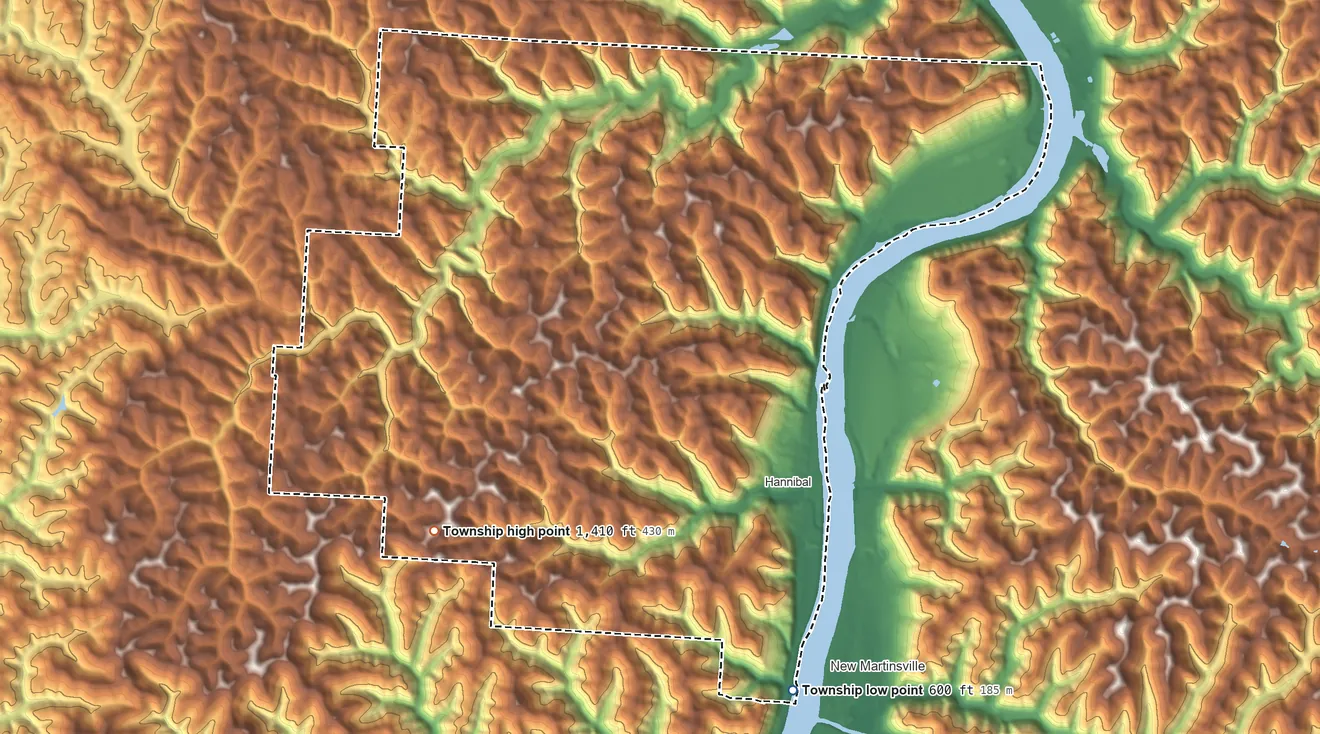 Topographic elevation map of Ohio Township, Monroe County, Ohio, shaded from 600 ft on the southeast side to 1,410 ft on the west side