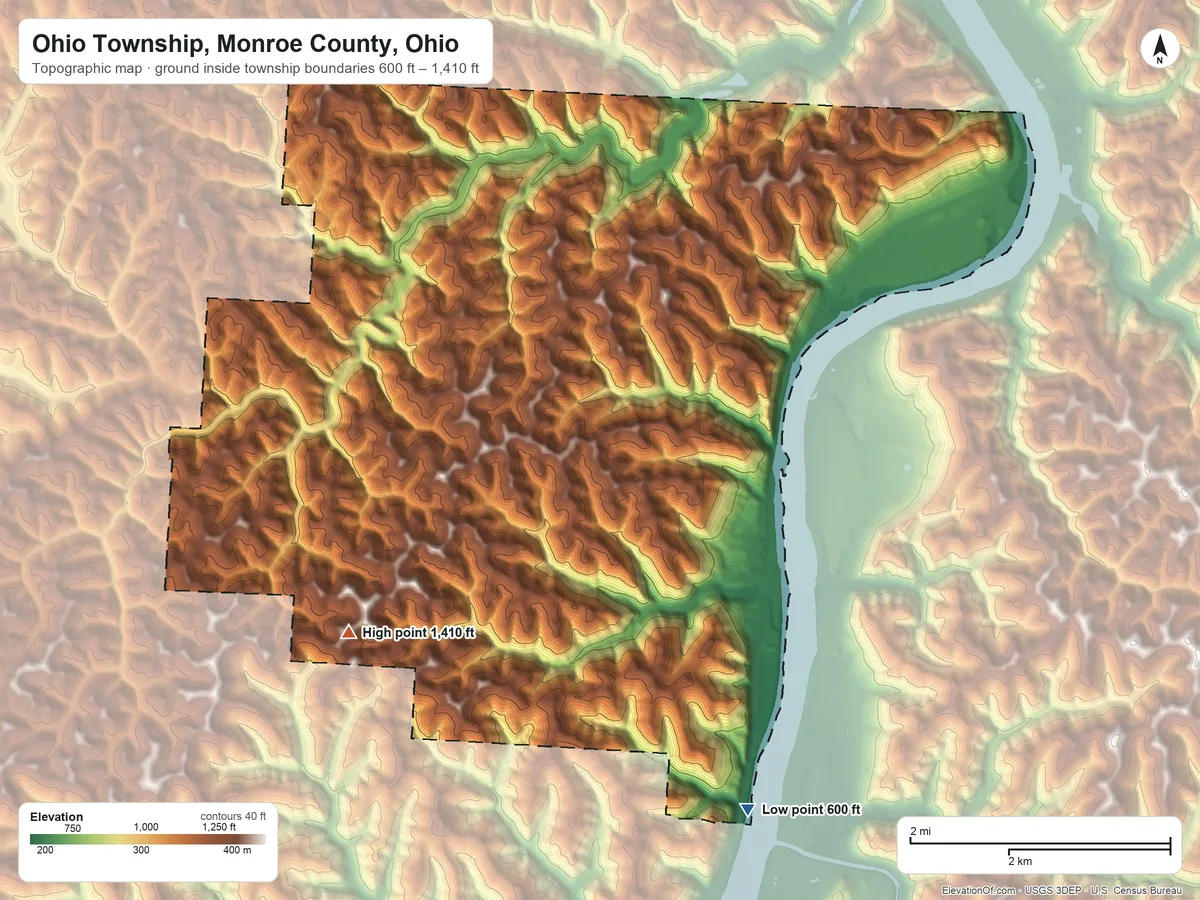 Topographic elevation map of Ohio Township, Monroe County, Ohio, shaded from 600 ft on the southeast side to 1,410 ft on the west side