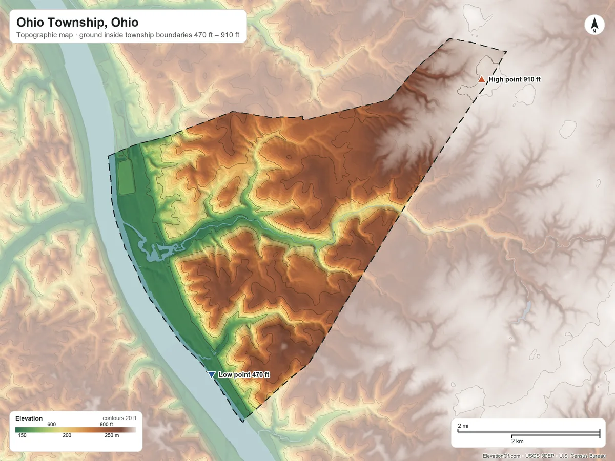 Topographic elevation map of Ohio Township, Ohio, shaded from 470 ft on the south side to 910 ft on the northeast side