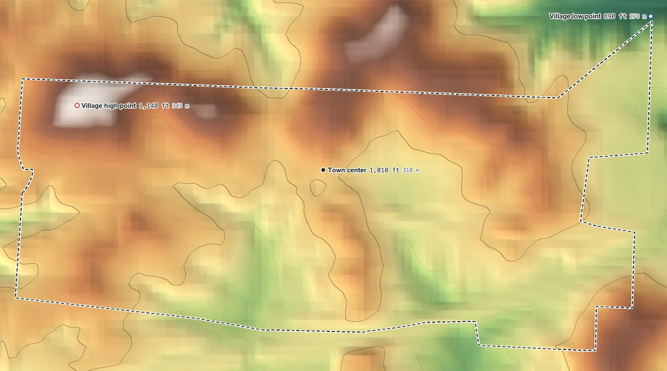 Topographic elevation map of Old Washington, Ohio, shaded from 890 ft on the northeast side to 1,140 ft on the west side