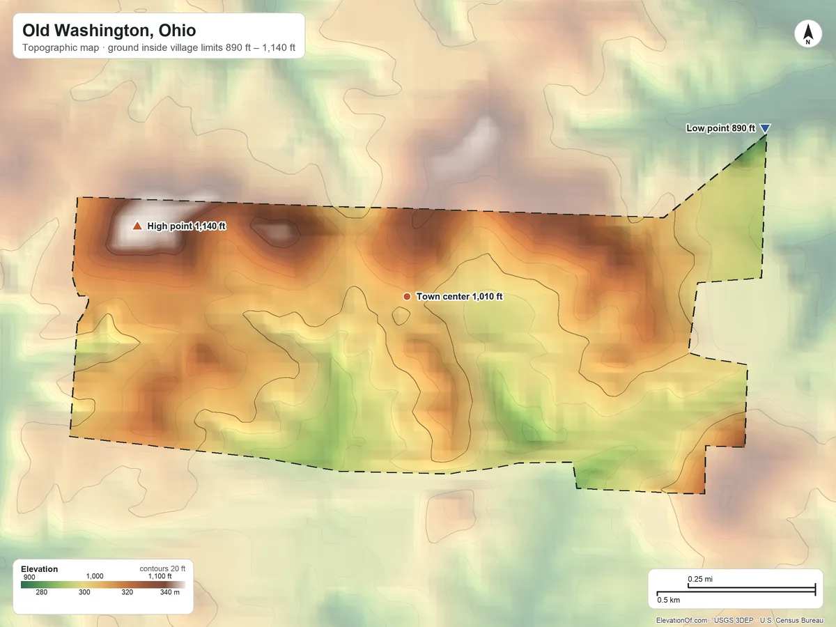 Topographic elevation map of Old Washington, Ohio, shaded from 890 ft on the northeast side to 1,140 ft on the west side