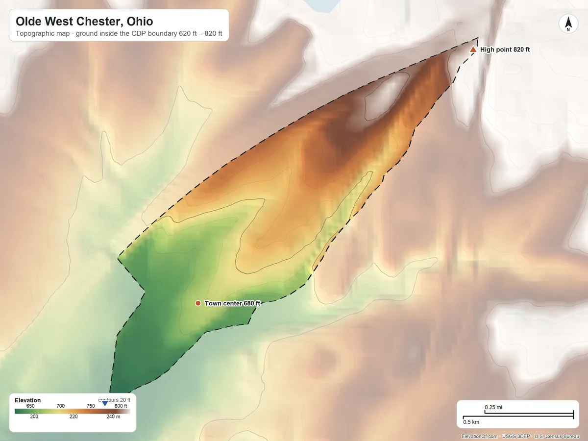 Topographic elevation map of Olde West Chester, Ohio, shaded from 620 ft on the southwest side to 820 ft on the northeast side