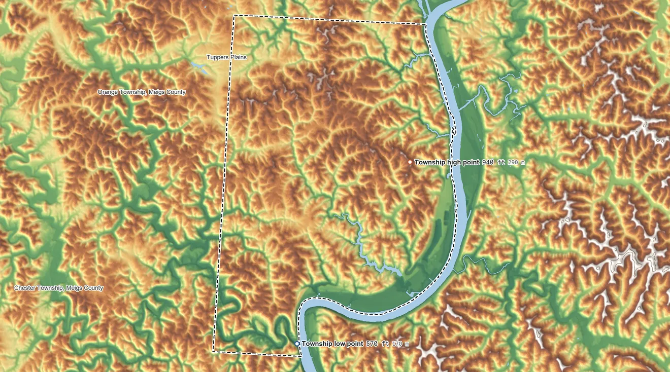 Topographic elevation map of Olive Township, Meigs County, Ohio, shaded from 570 ft on the south side to 940 ft on the east side