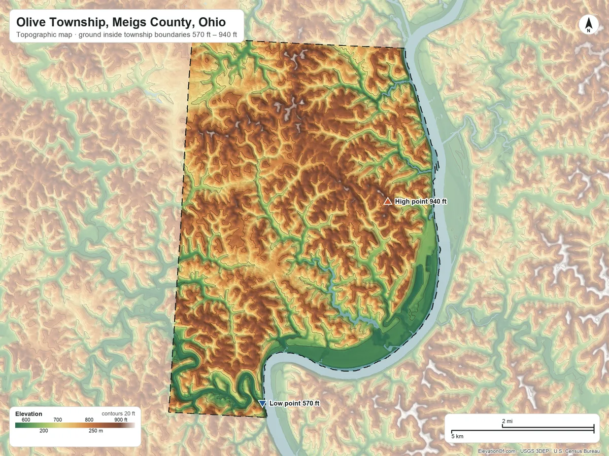 Topographic elevation map of Olive Township, Meigs County, Ohio, shaded from 570 ft on the south side to 940 ft on the east side
