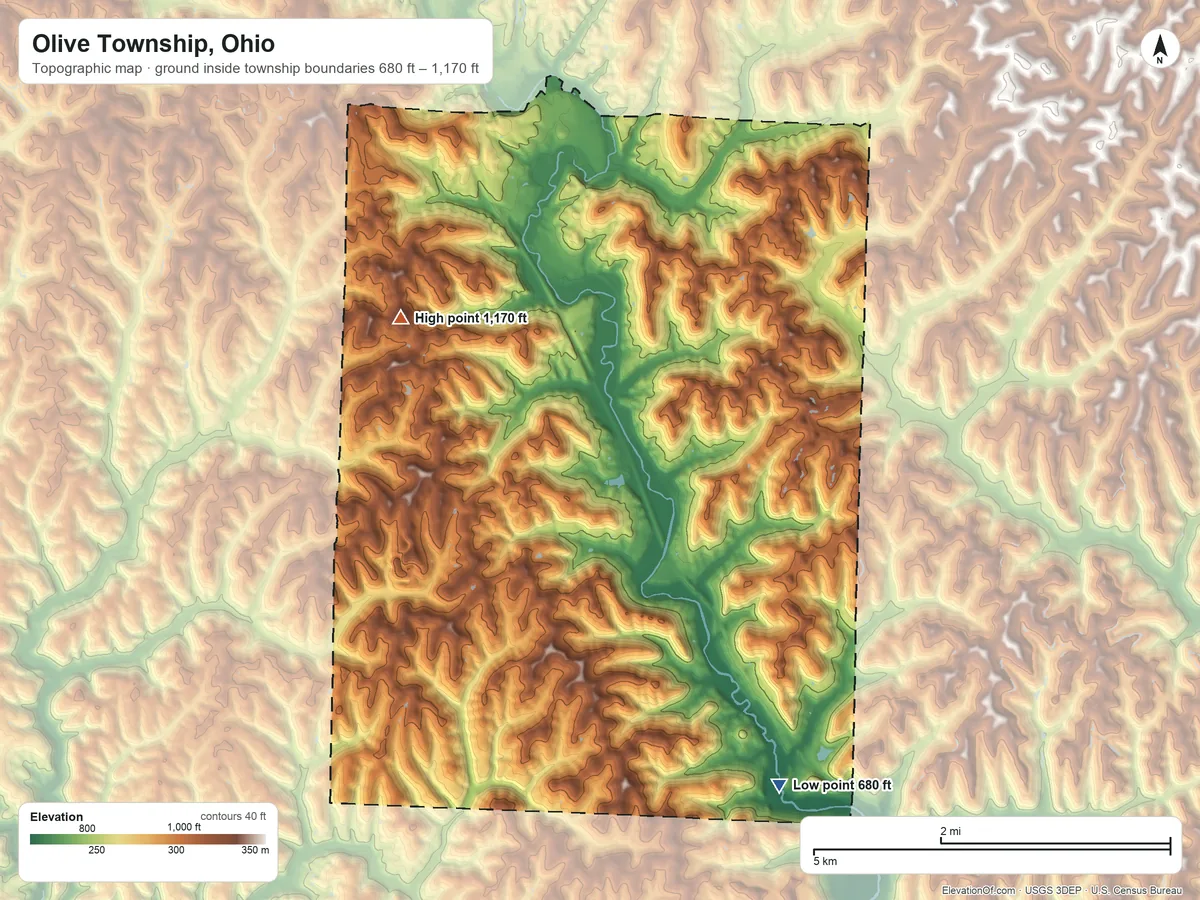 Topographic elevation map of Olive Township, Ohio, shaded from 680 ft on the southeast side to 1,170 ft on Coffee Knob