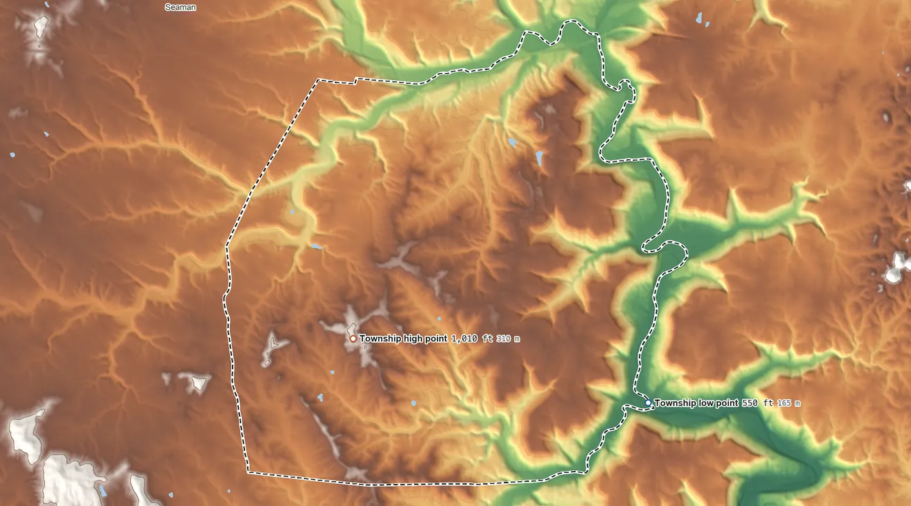Topographic elevation map of Oliver Township, Ohio, shaded from 550 ft on the southeast side to 1,010 ft on the southwest side
