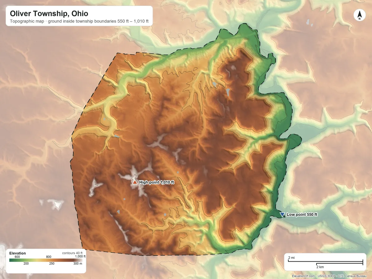 Topographic elevation map of Oliver Township, Ohio, shaded from 550 ft on the southeast side to 1,010 ft on the southwest side