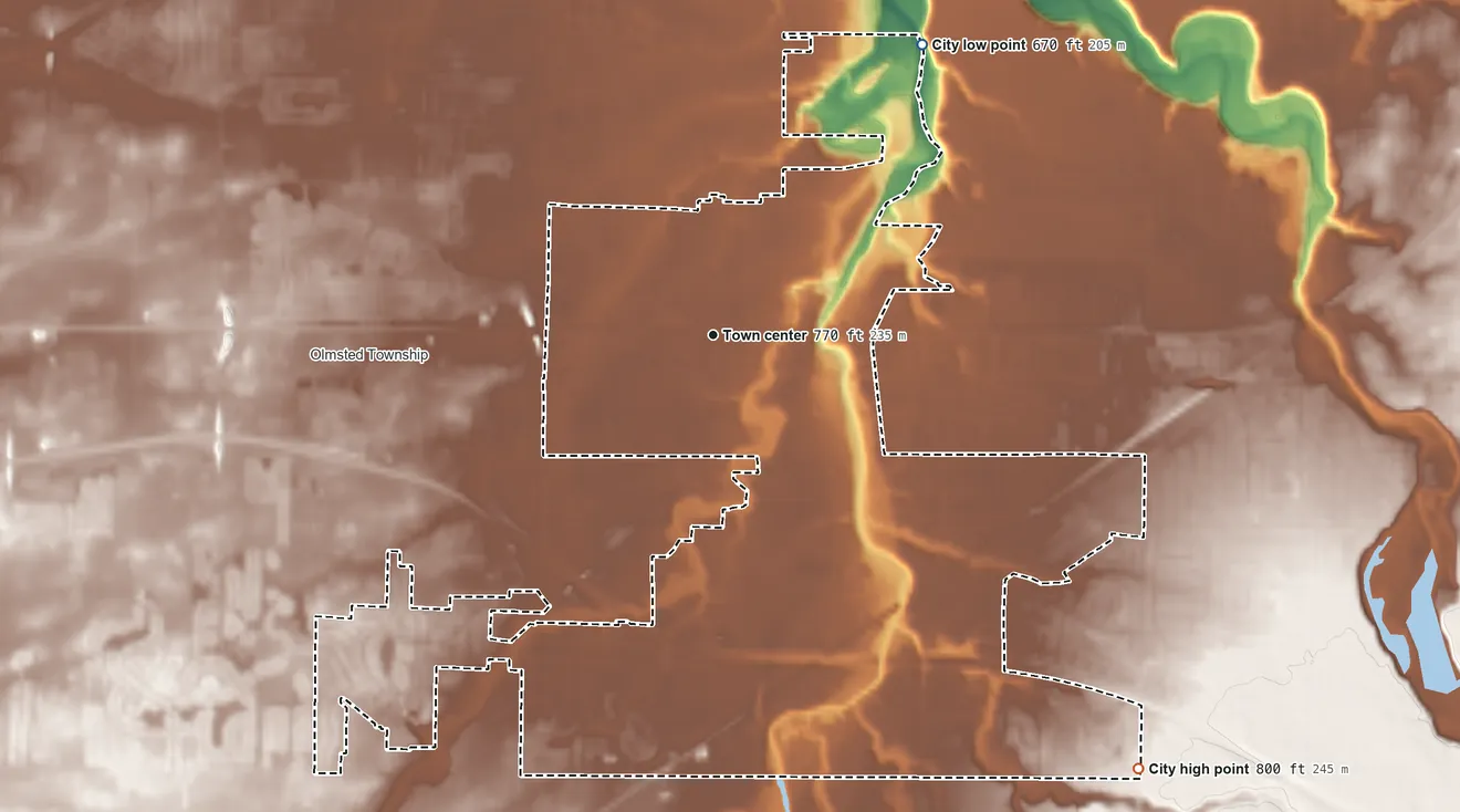 Topographic elevation map of Olmsted Falls, Ohio, shaded from 670 ft on the northeast side to 800 ft on the southeast side