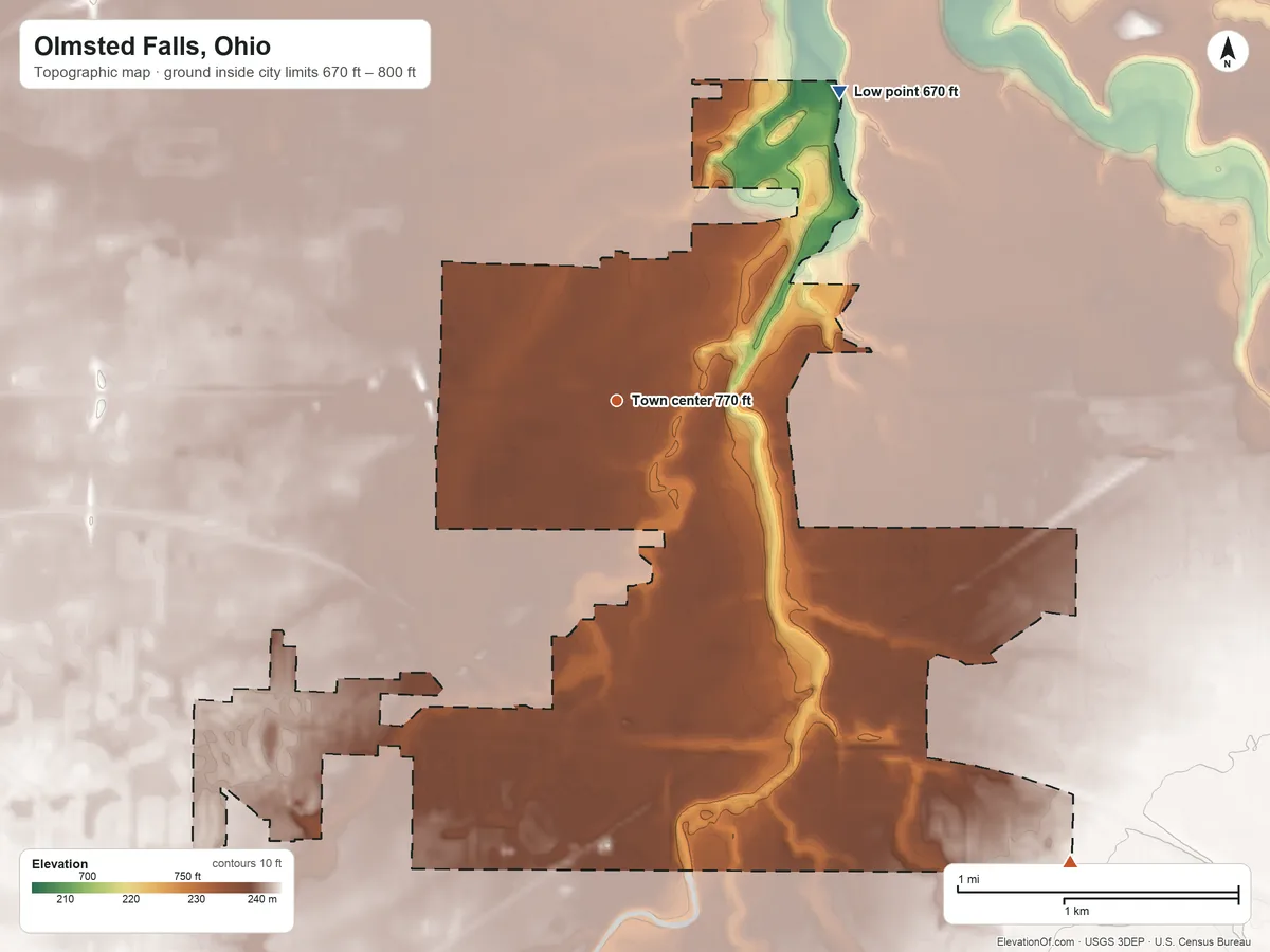 Topographic elevation map of Olmsted Falls, Ohio, shaded from 670 ft on the northeast side to 800 ft on the southeast side