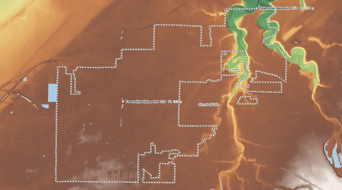Topographic elevation map of Olmsted Township, Ohio, shaded from 650 ft on the northeast side to 810 ft near the middle
