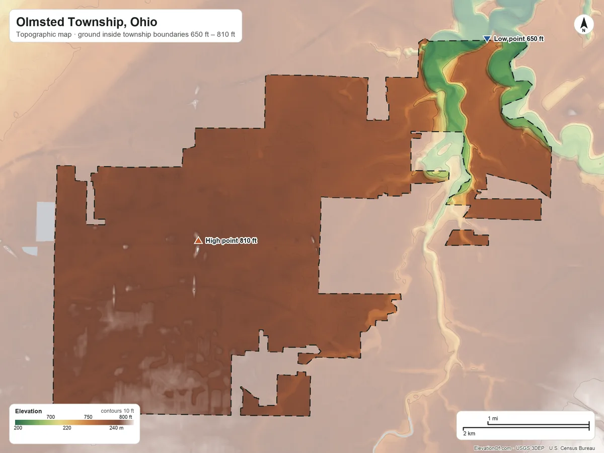 Topographic elevation map of Olmsted Township, Ohio, shaded from 650 ft on the northeast side to 810 ft near the middle