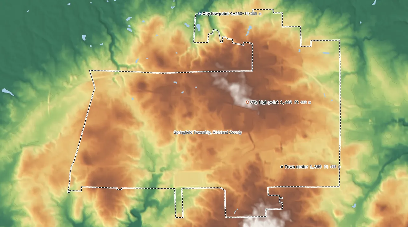 Topographic elevation map of Ontario, Ohio, shaded from 1,260 ft on the northwest side to 1,440 ft on the northwest side