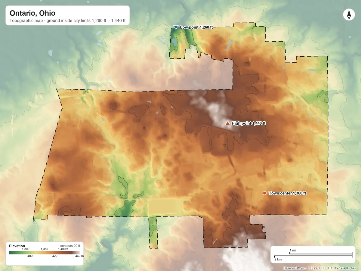 Topographic elevation map of Ontario, Ohio, shaded from 1,260 ft on the northwest side to 1,440 ft on the northwest side