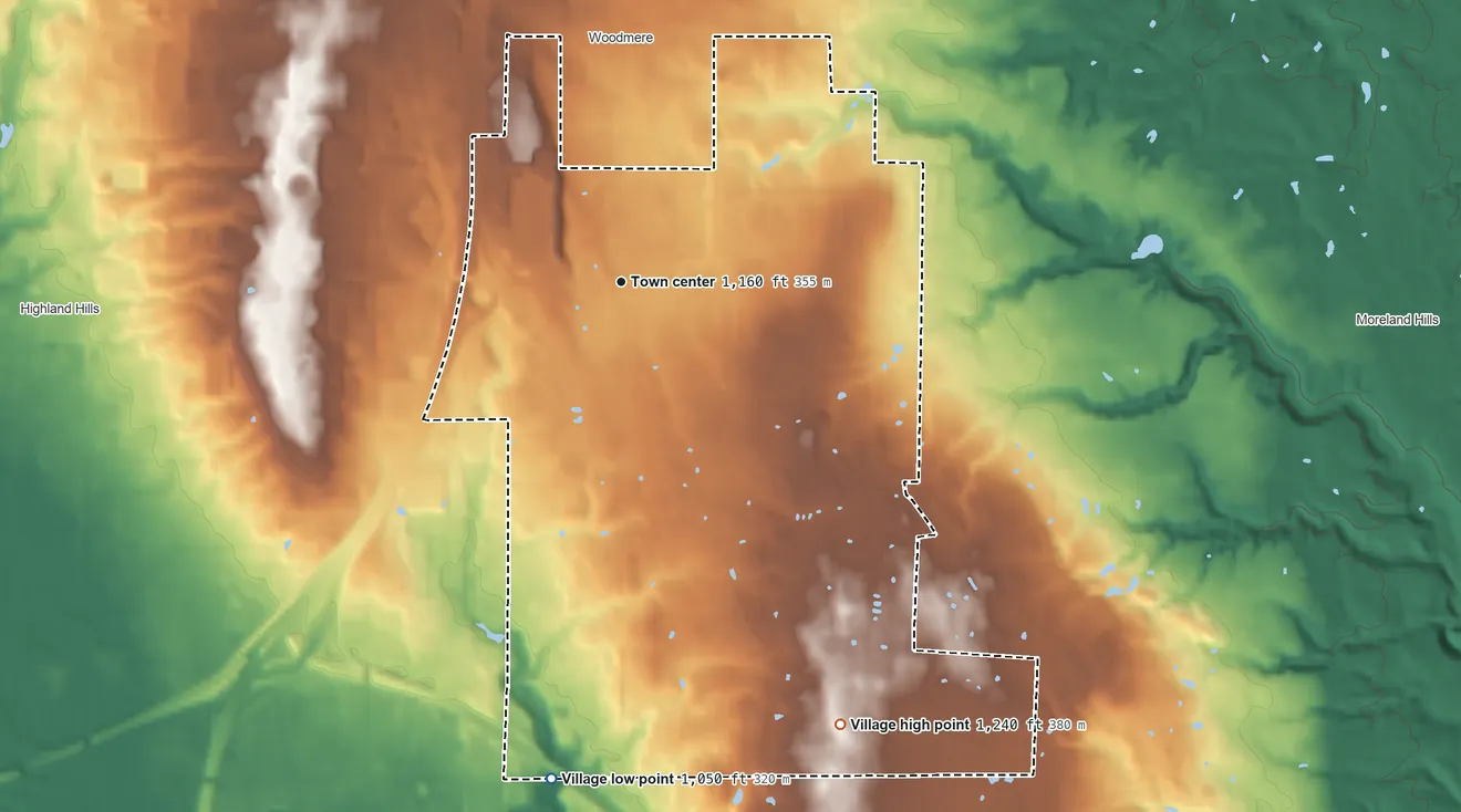 Topographic elevation map of Orange, Ohio, shaded from 1,050 ft on the south side to 1,240 ft on the southeast side