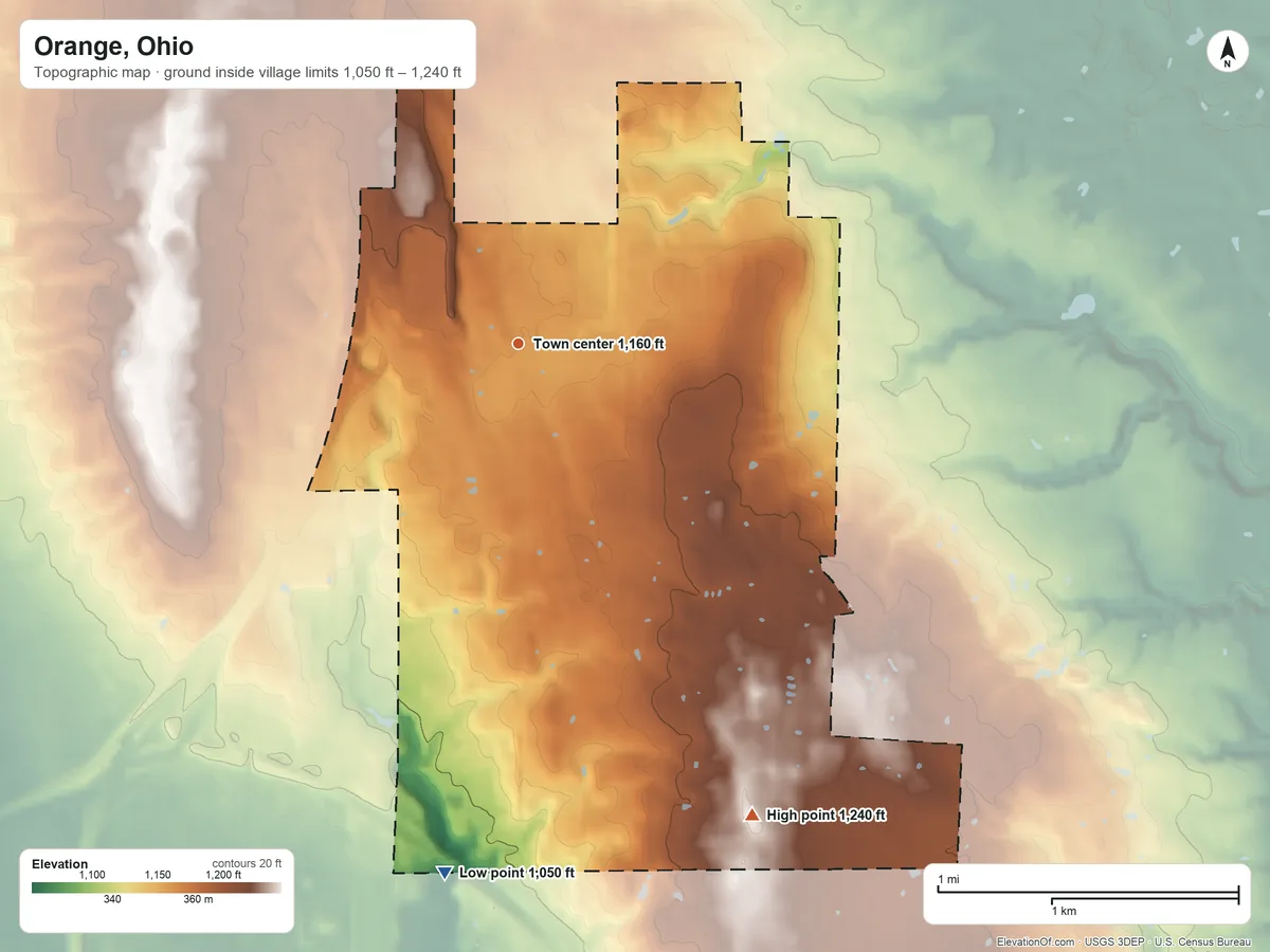 Topographic elevation map of Orange, Ohio, shaded from 1,050 ft on the south side to 1,240 ft on the southeast side