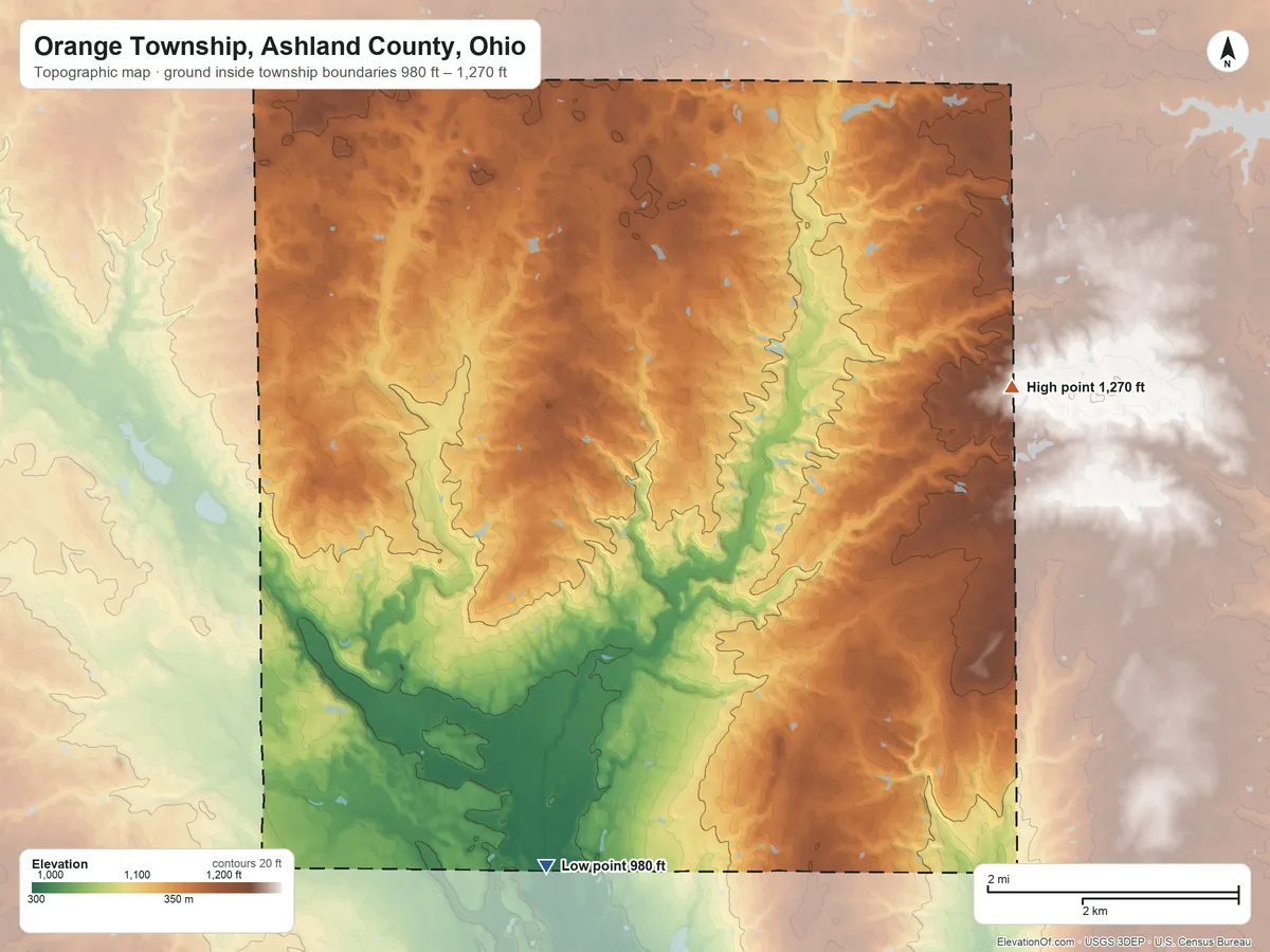 Topographic elevation map of Orange Township, Ashland County, Ohio, shaded from 980 ft on the south side to 1,270 ft on the east side