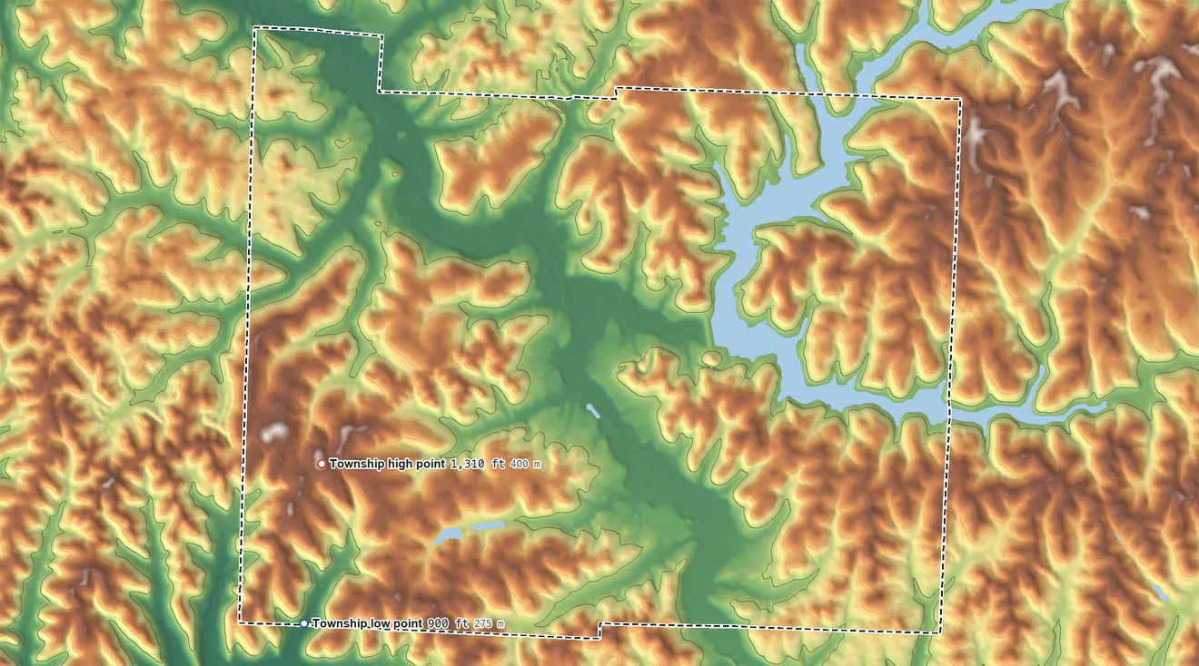 Topographic elevation map of Orange Township, Carroll County, Ohio, shaded from 900 ft on the southwest side to 1,310 ft on the southwest side