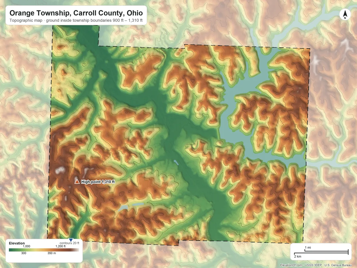 Topographic elevation map of Orange Township, Carroll County, Ohio, shaded from 900 ft on the southwest side to 1,310 ft on the southwest side
