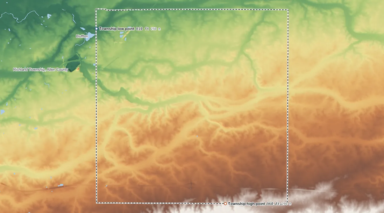 Topographic elevation map of Orange Township, Hancock County, Ohio, shaded from 810 ft on the northwest side to 960 ft on the southeast side