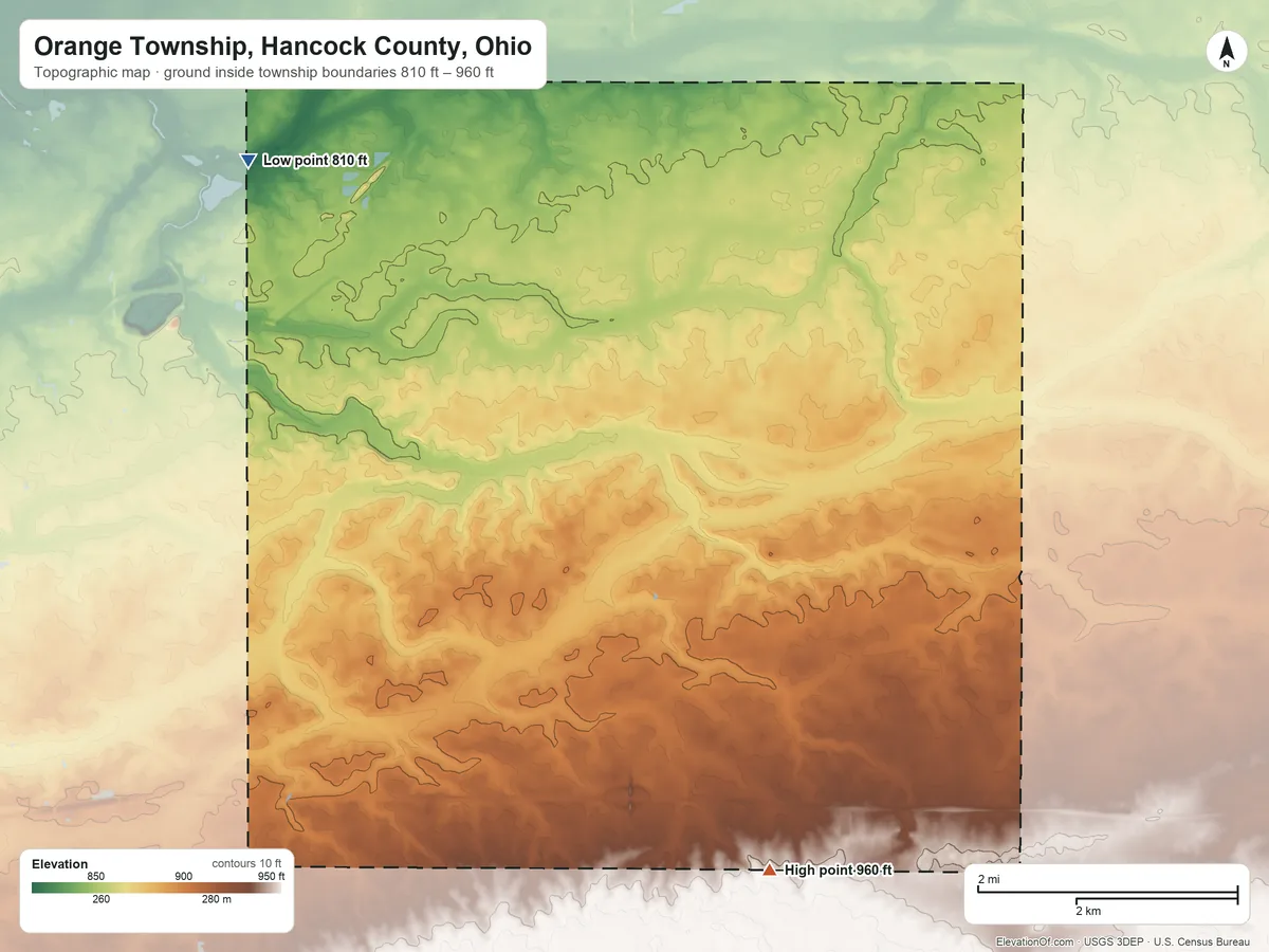 Topographic elevation map of Orange Township, Hancock County, Ohio, shaded from 810 ft on the northwest side to 960 ft on the southeast side