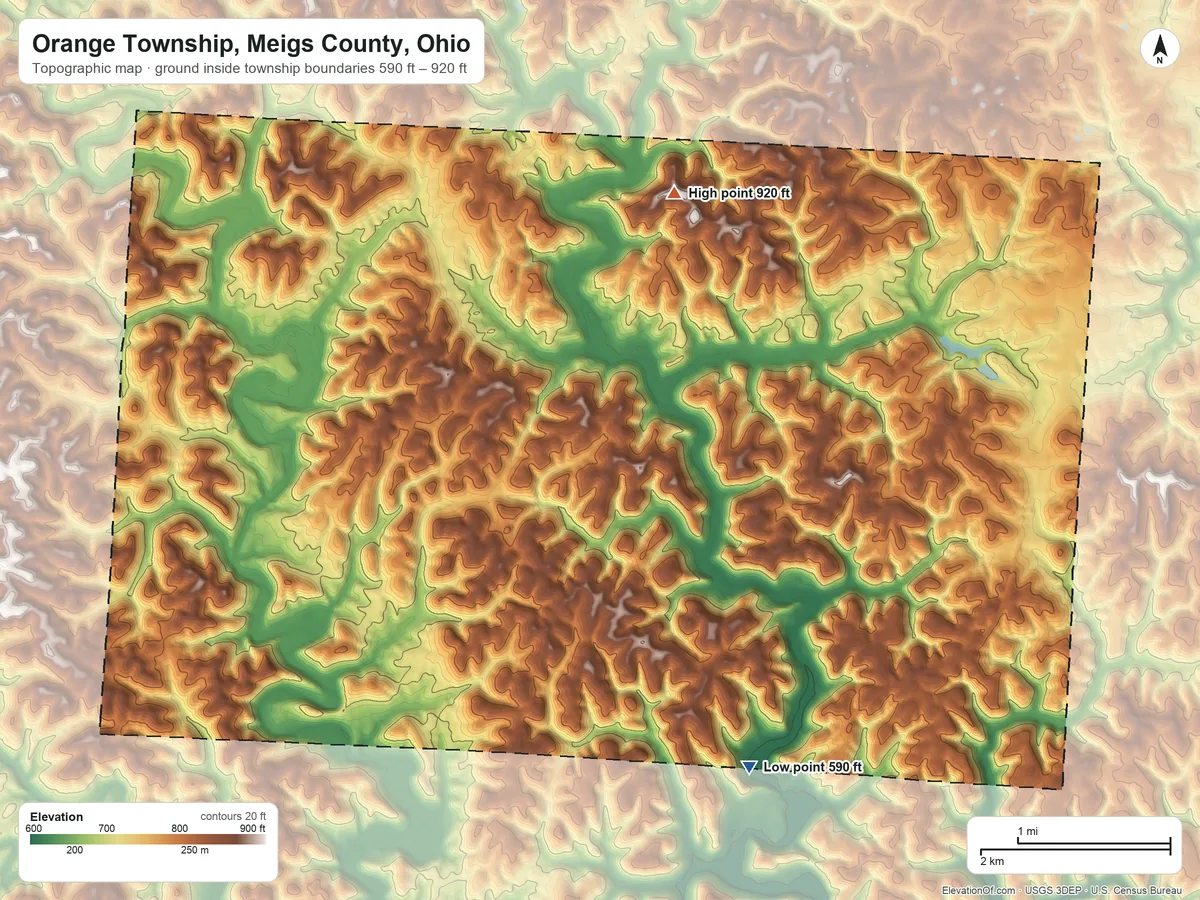 Topographic elevation map of Orange Township, Meigs County, Ohio, shaded from 590 ft on the south side to 920 ft on the north side