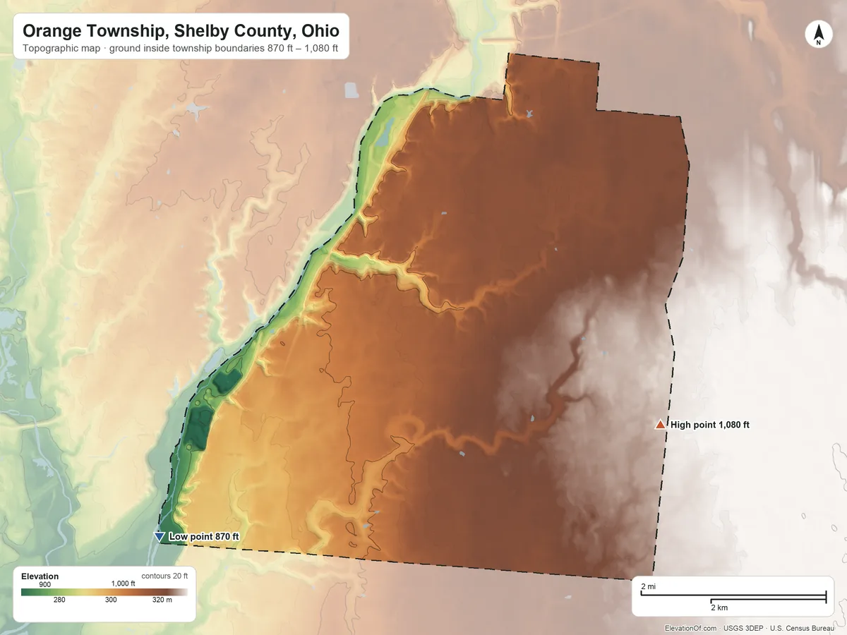 Topographic elevation map of Orange Township, Shelby County, Ohio, shaded from 870 ft on the southwest side to 1,080 ft on the southeast side