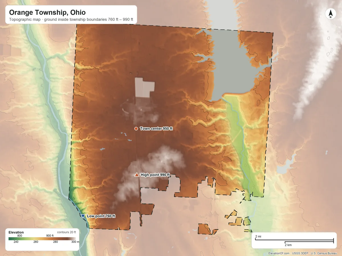 Topographic elevation map of Orange Township, Ohio, shaded from 760 ft on the southwest side to 990 ft on the south side