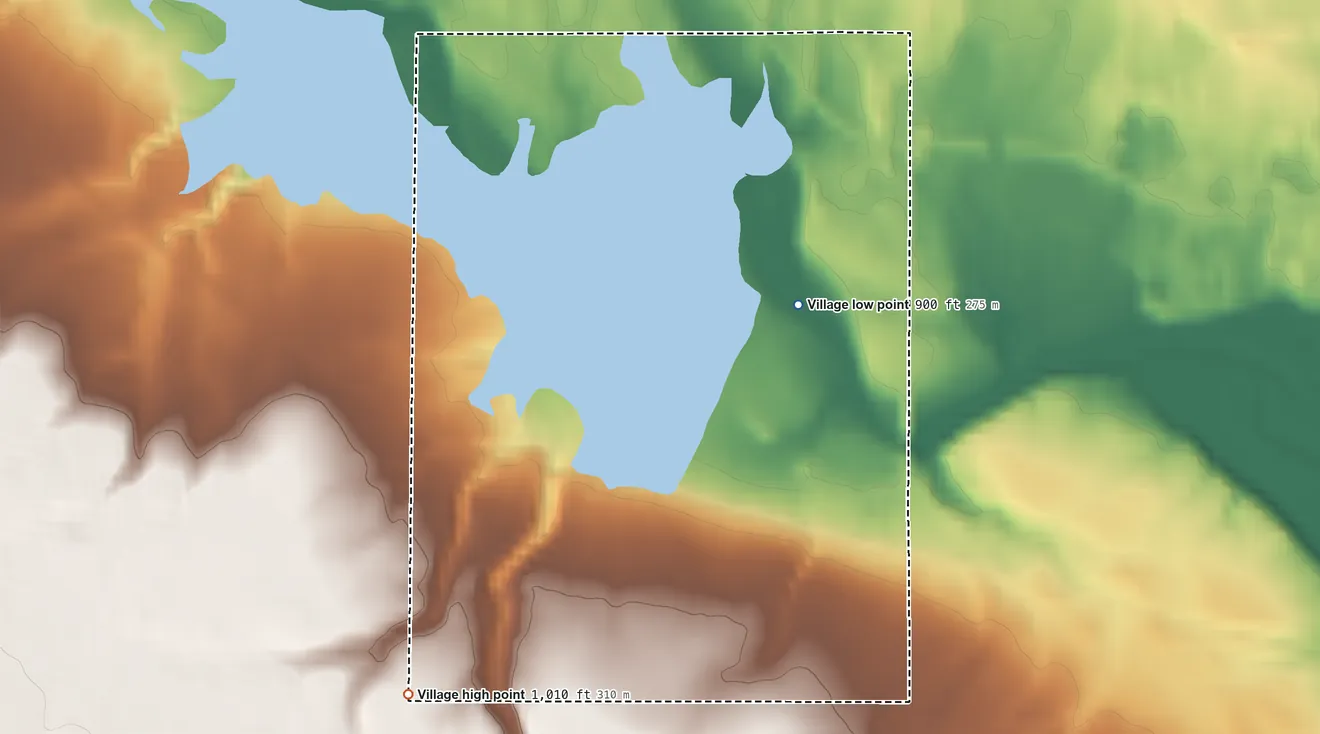 Topographic elevation map of Orangeville, Ohio, shaded from 900 ft on the north side to 1,010 ft on the southwest side