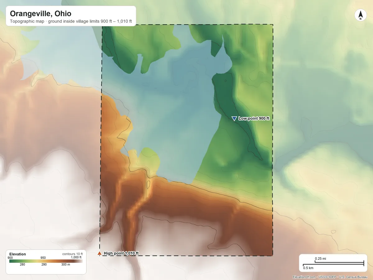 Topographic elevation map of Orangeville, Ohio, shaded from 900 ft on the north side to 1,010 ft on the southwest side