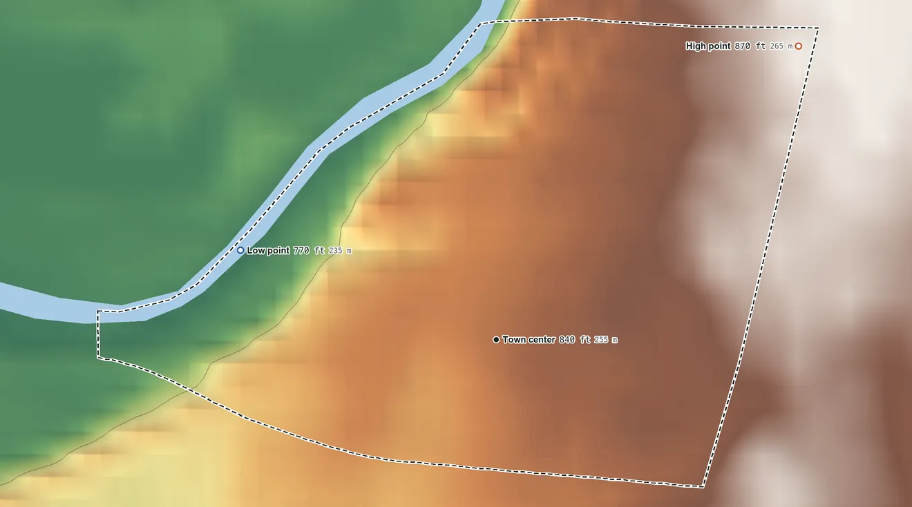 Topographic elevation map of Orient, Ohio, shaded from 770 ft on the west side to 870 ft on the northeast side