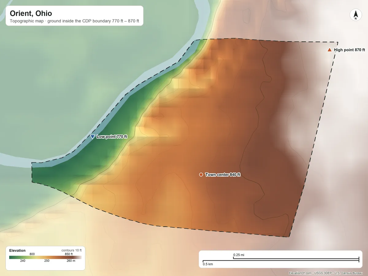 Topographic elevation map of Orient, Ohio, shaded from 770 ft on the west side to 870 ft on the northeast side