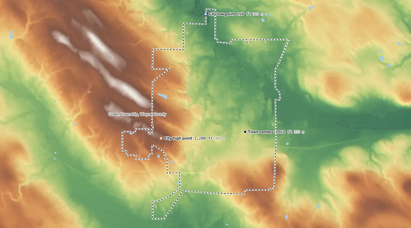 Topographic elevation map of Orrville, Ohio, shaded from 990 ft on the north side to 1,200 ft on the west side