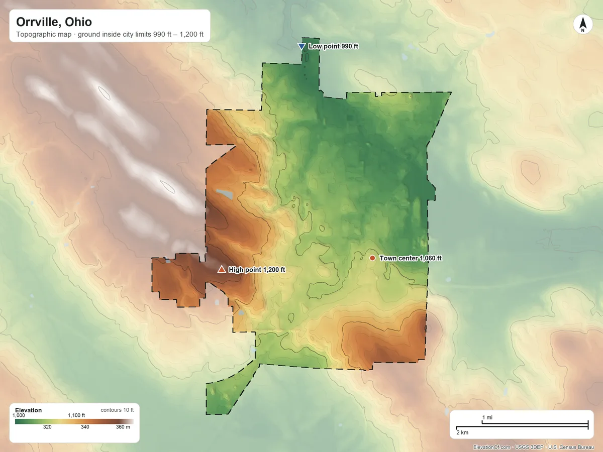 Topographic elevation map of Orrville, Ohio, shaded from 990 ft on the north side to 1,200 ft on the west side