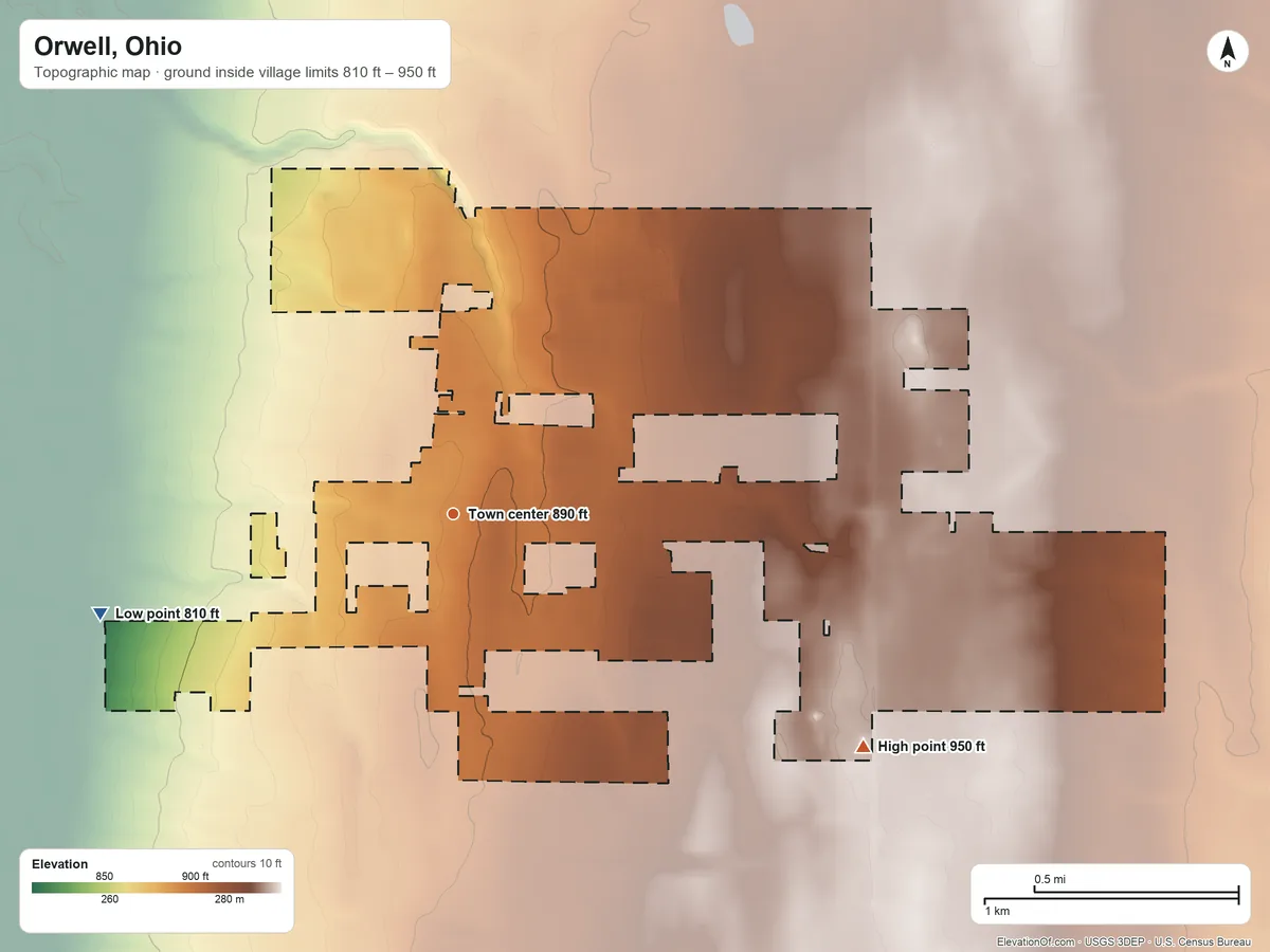 Topographic elevation map of Orwell, Ohio, shaded from 810 ft on the west side to 950 ft on the southeast side