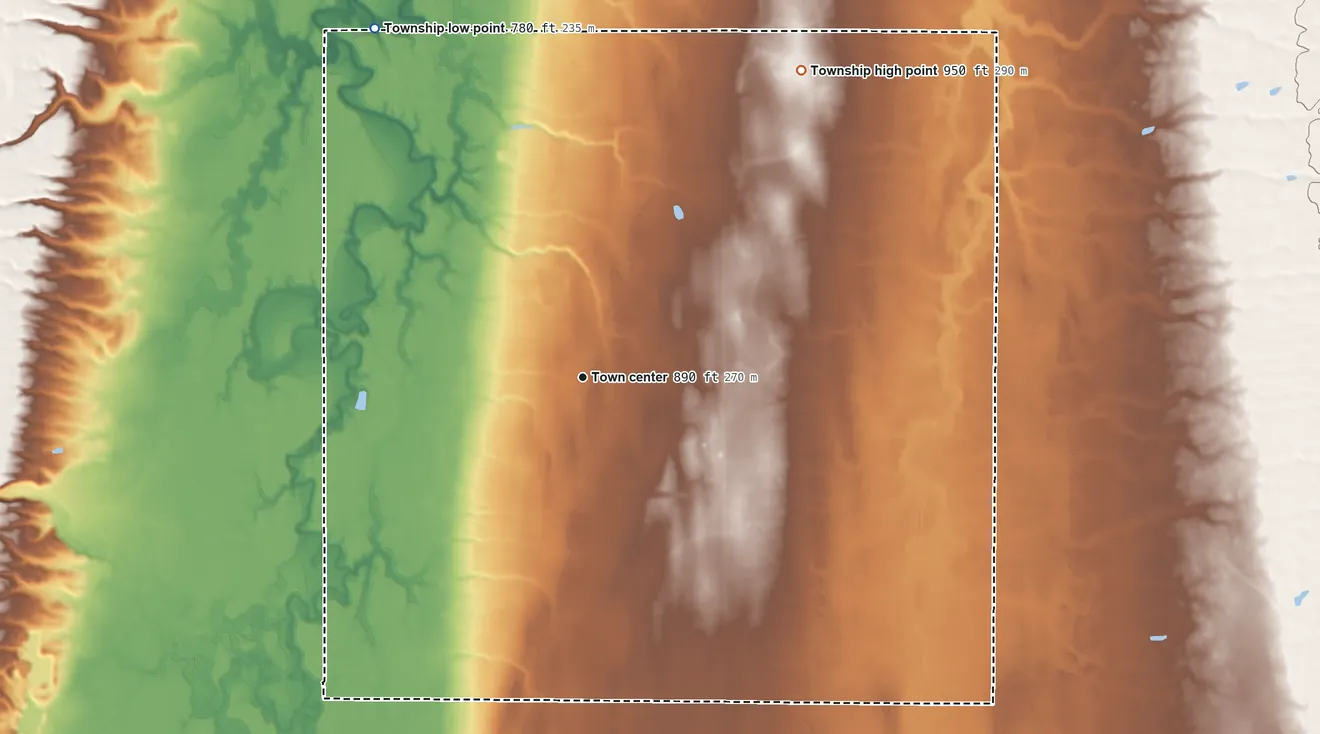 Topographic elevation map of Orwell Township, Ohio, shaded from 780 ft on the northwest side to 950 ft on the northeast side