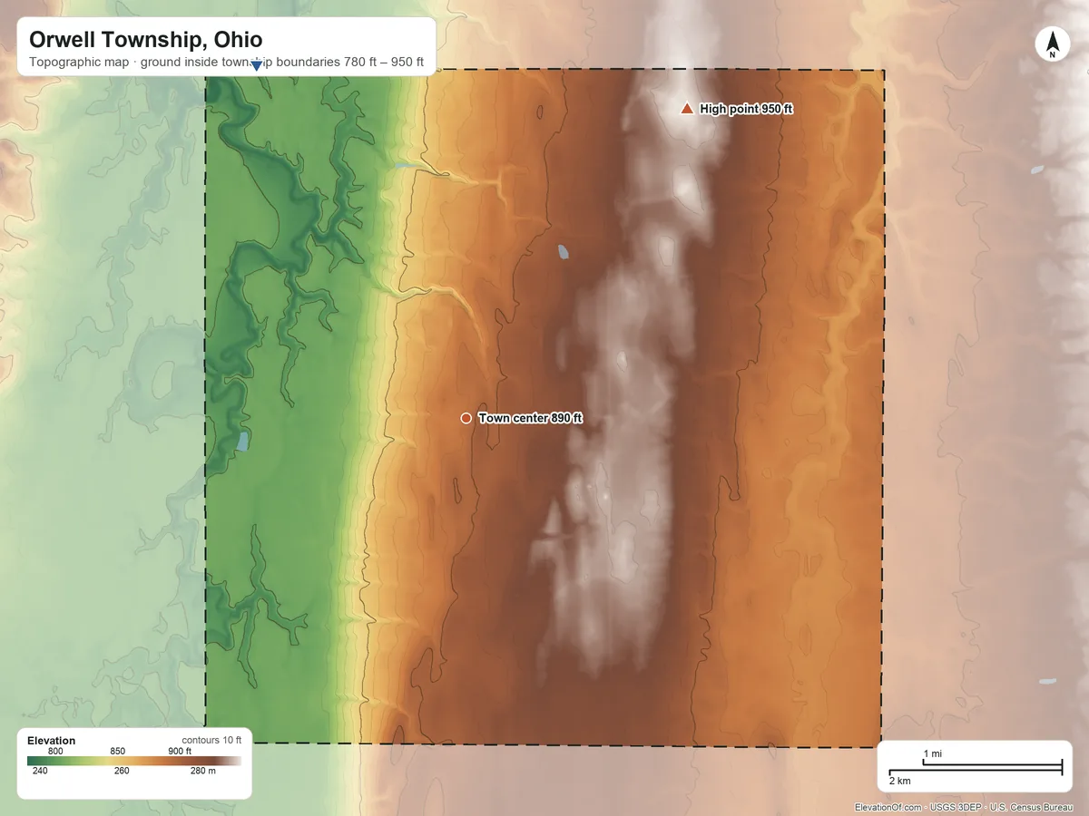 Topographic elevation map of Orwell Township, Ohio, shaded from 780 ft on the northwest side to 950 ft on the northeast side