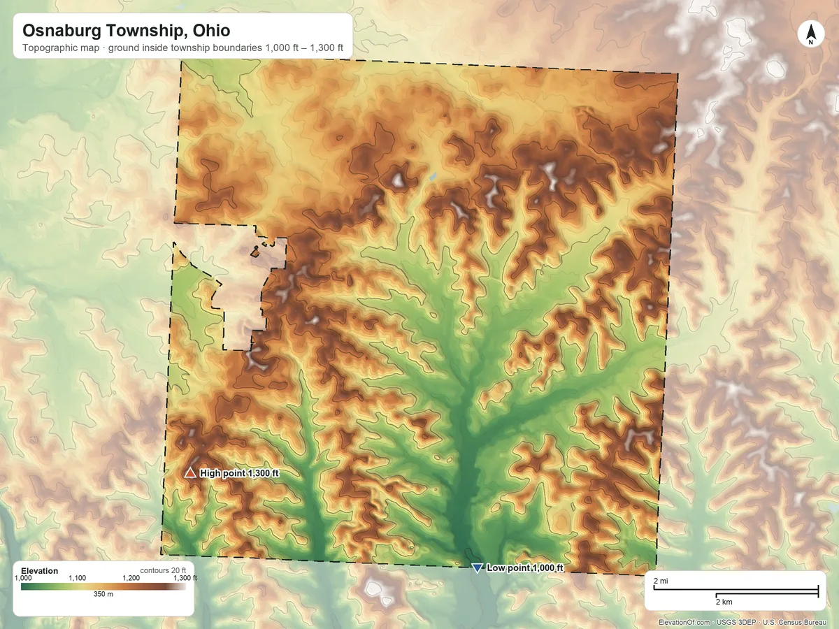 Topographic elevation map of Osnaburg Township, Ohio, shaded from 1,000 ft on the southeast side to 1,300 ft on the southwest side