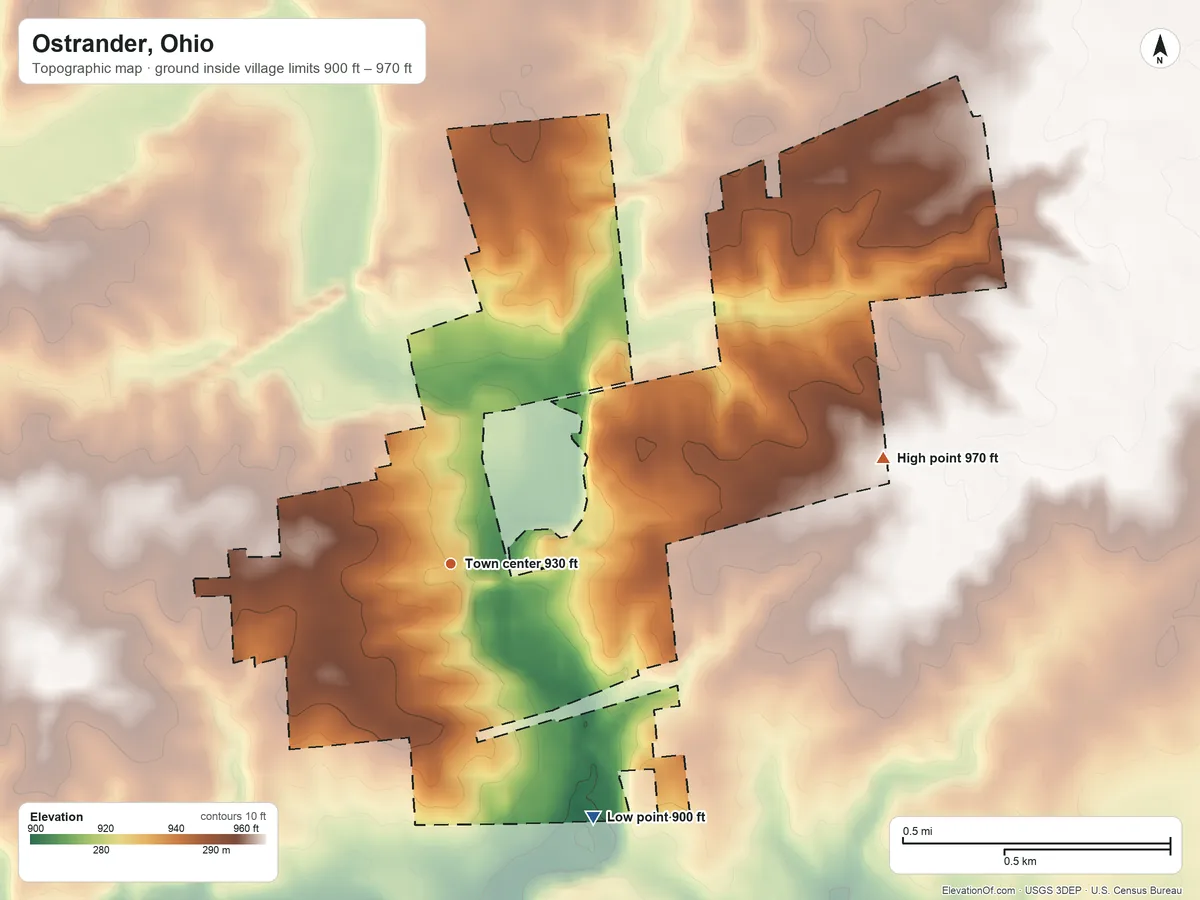 Topographic elevation map of Ostrander, Ohio, shaded from 900 ft on the southeast side to 970 ft on the east side