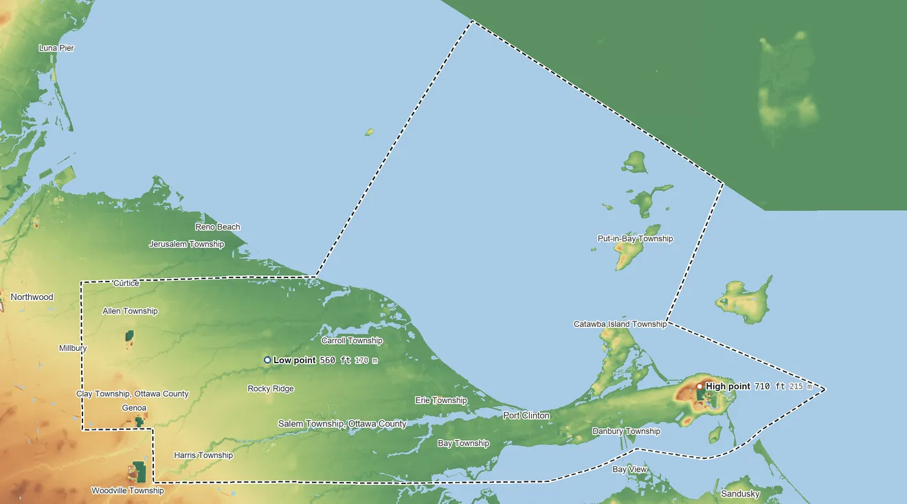 Topographic elevation map of Ottawa County, Ohio, shaded from 560 ft on the southwest side to 710 ft on the southeast side