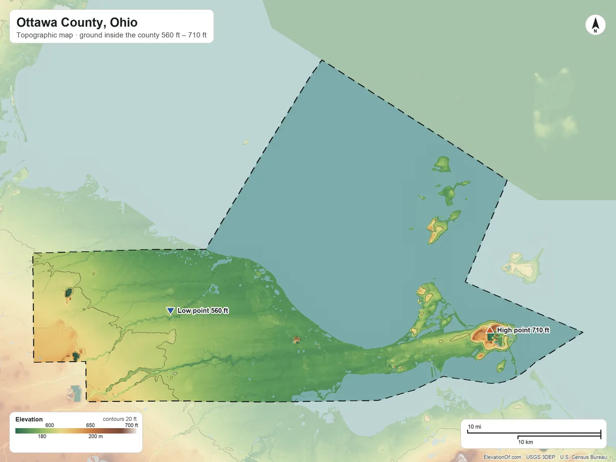 Topographic elevation map of Ottawa County, Ohio, shaded from 560 ft on the southwest side to 710 ft on the southeast side
