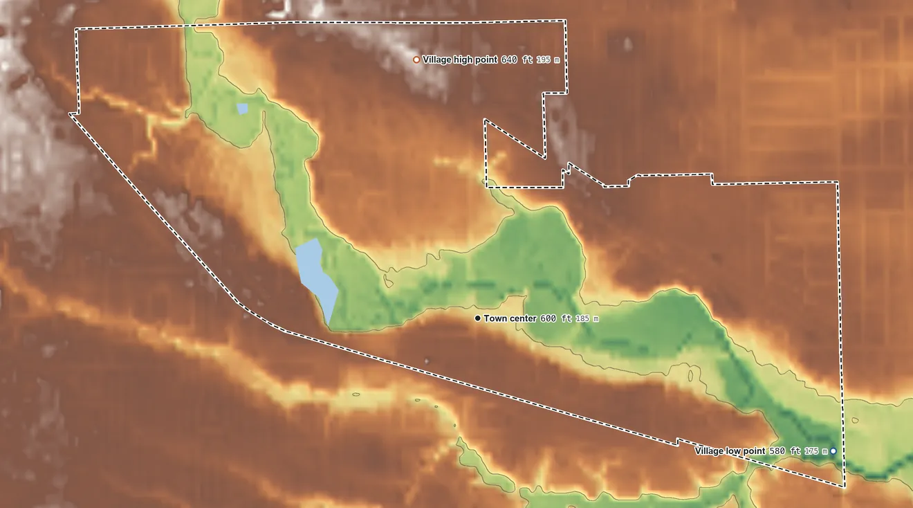 Topographic elevation map of Ottawa Hills, Ohio, shaded from 580 ft on the east side to 640 ft on the north side