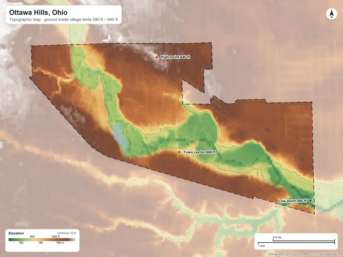 Topographic elevation map of Ottawa Hills, Ohio, shaded from 580 ft on the east side to 640 ft on the north side