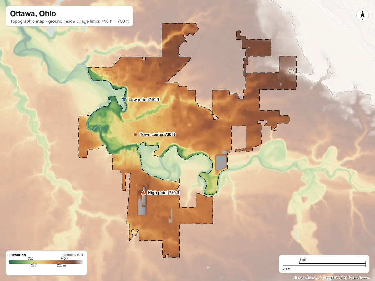 Topographic elevation map of Ottawa, Ohio, shaded from 710 ft on the north side to 750 ft on the south side