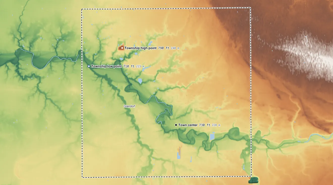 Topographic elevation map of Ottawa Township, Ohio, shaded from 710 ft on the northwest side to 790 ft on the northwest side